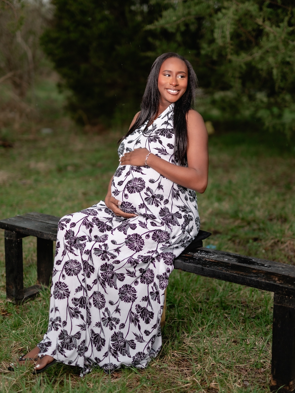 White Maxi Dress with Black Floral Print